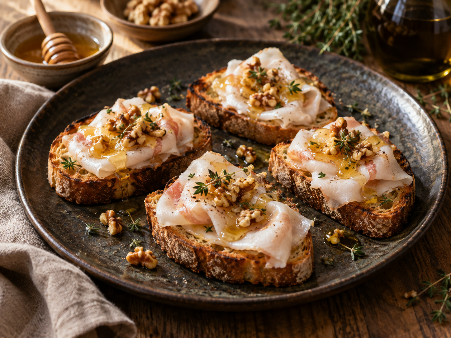 Crostini al lardo, miele e noci