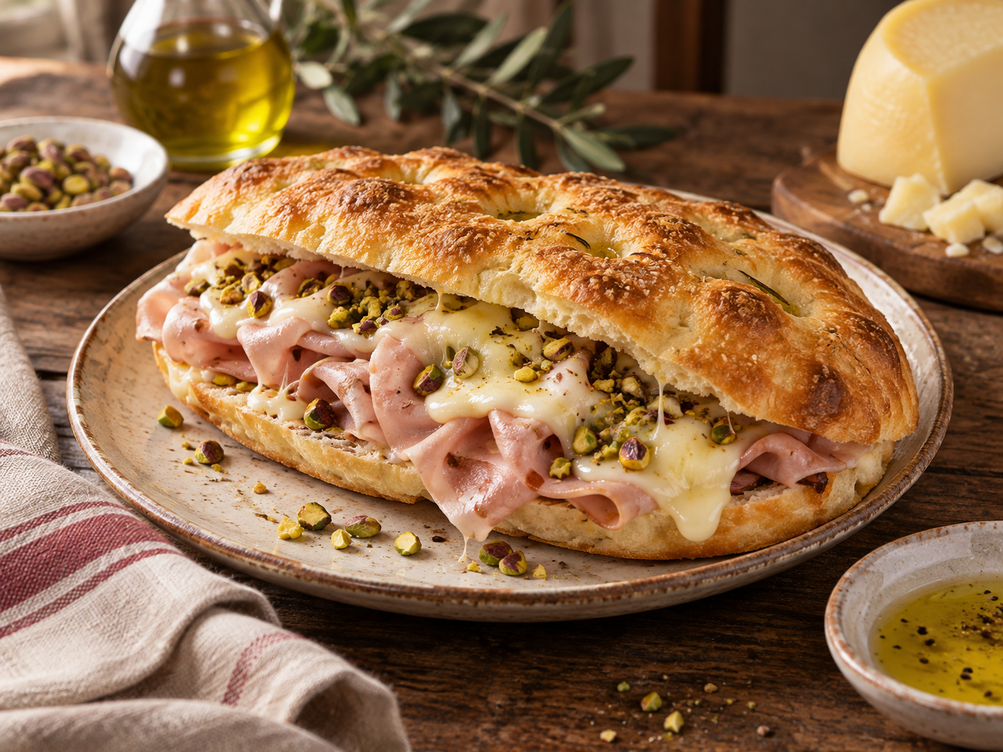 Focaccia con mortadella e caciocavallo
