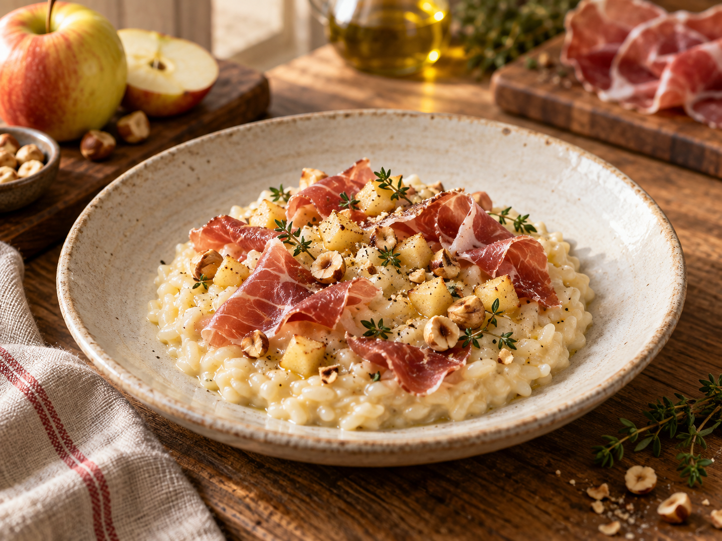 Risotto al culatello, mele e nocciole