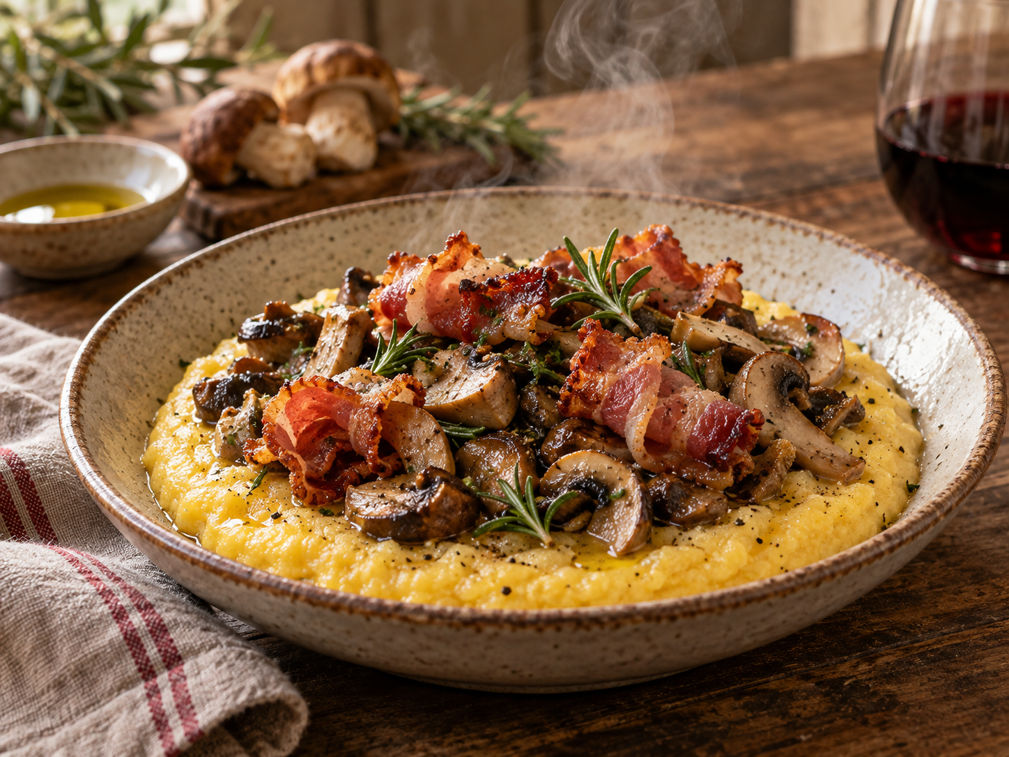 Polenta con pancetta Tomaso e funghi